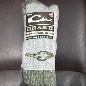 Drake Merino Wool Blend Unisex Kids Crew Socks S 12- 3 1/2.  2 Pairs Green/Black